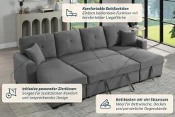 OTTO home Wohnlandschaft »Gerrit U-Form, Br. 282 cm Couch, Liegefl. 125x215 cm« mit Schlaffunktion, 2 Bettkästen & 2 Zierkissen