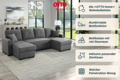 OTTO home Wohnlandschaft »Gerrit U-Form, Br. 282 cm Couch, Liegefl. 125x215 cm« mit Schlaffunktion, 2 Bettkästen & 2 Zierkissen