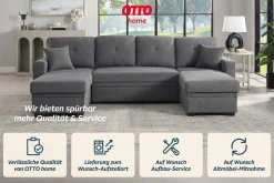 OTTO home Wohnlandschaft »Gerrit U-Form, Br. 282 cm Couch, Liegefl. 125x215 cm« mit Schlaffunktion, 2 Bettkästen & 2 Zierkissen