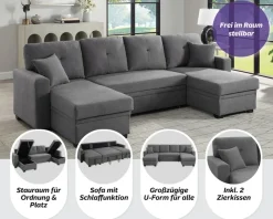 OTTO home Wohnlandschaft »Gerrit U-Form, Br. 282 cm Couch, Liegefl. 125x215 cm« mit Schlaffunktion, 2 Bettkästen & 2 Zierkissen