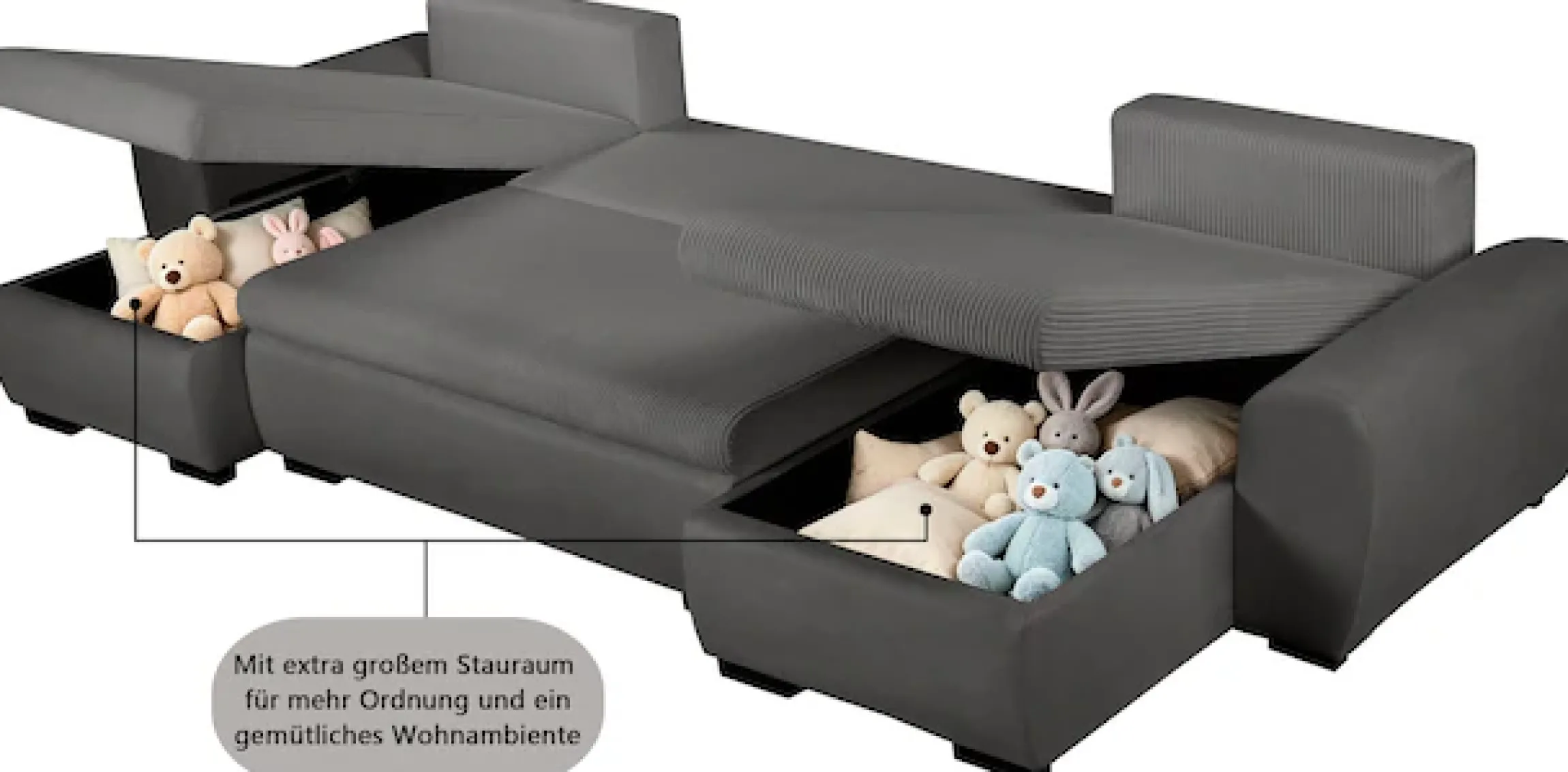 OTTO home Wohnlandschaft »KIVELLA Cord-Struktur, U-Form, 307 cm« Schlaffunktion(128/257), Bettkasten, Cord-Struktur-Mix