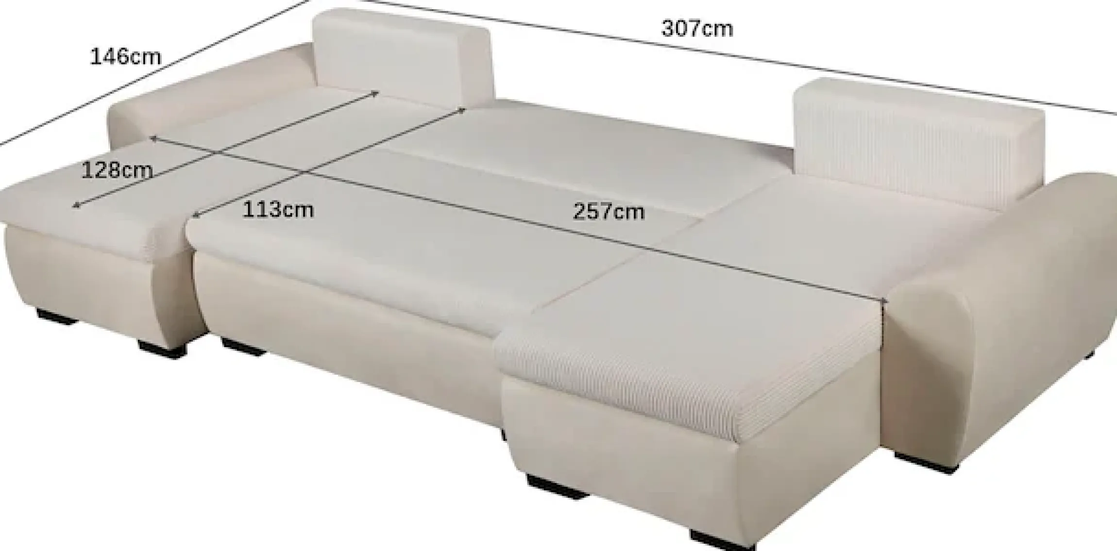 OTTO home Wohnlandschaft »KIVELLA Cord-Struktur, U-Form, 307 cm« Schlaffunktion(128/257), Bettkasten, Cord-Struktur-Mix