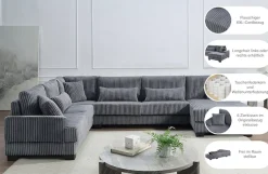 OTTO home Wohnlandschaft »Miron U-Form, B: 332 cm, weicher XXL-Cordbezug« Sofa mit Federkern, 6 Zierkissen, Rücken echt bezogen