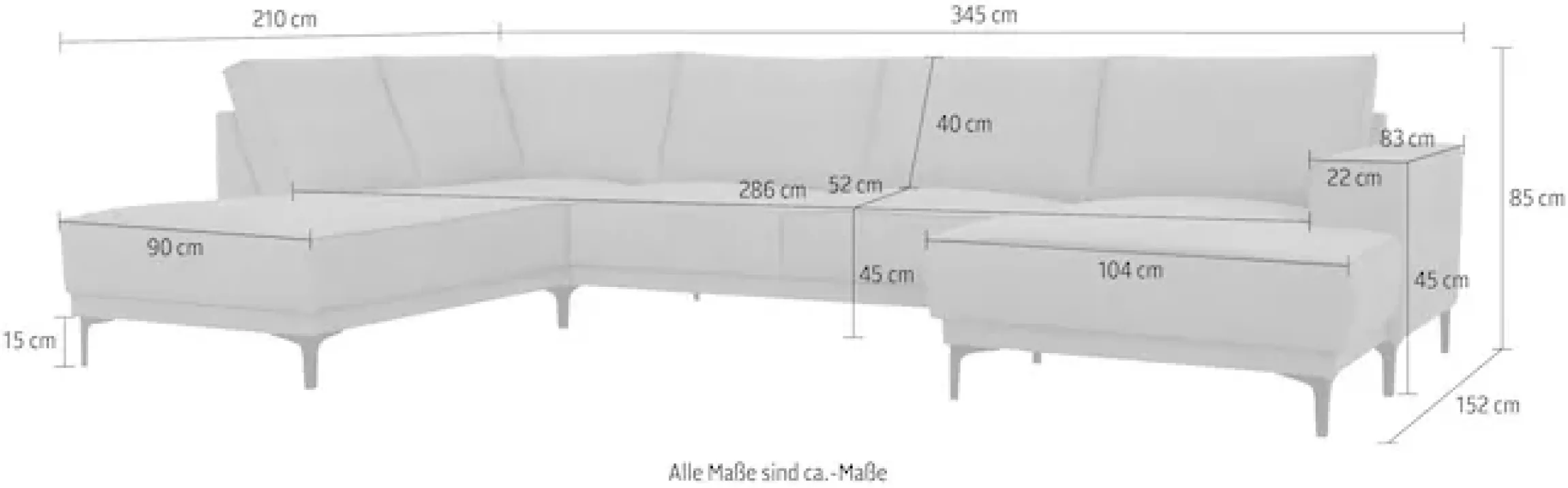 OTTO home Wohnlandschaft »OLAND Struktur fein U-Form, XXL, B: 345 cm, Skandi-Design« U-Form, 345 cm, Wellenunterfederung, Skandi-Design, Metallfüße