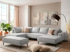 OTTO home Wohnlandschaft »TVINNU Leinenoptik, 354, mit Hocker« Recamiere rechts/links, stellbar zum Schlafsofa (Krokodilverbinder)