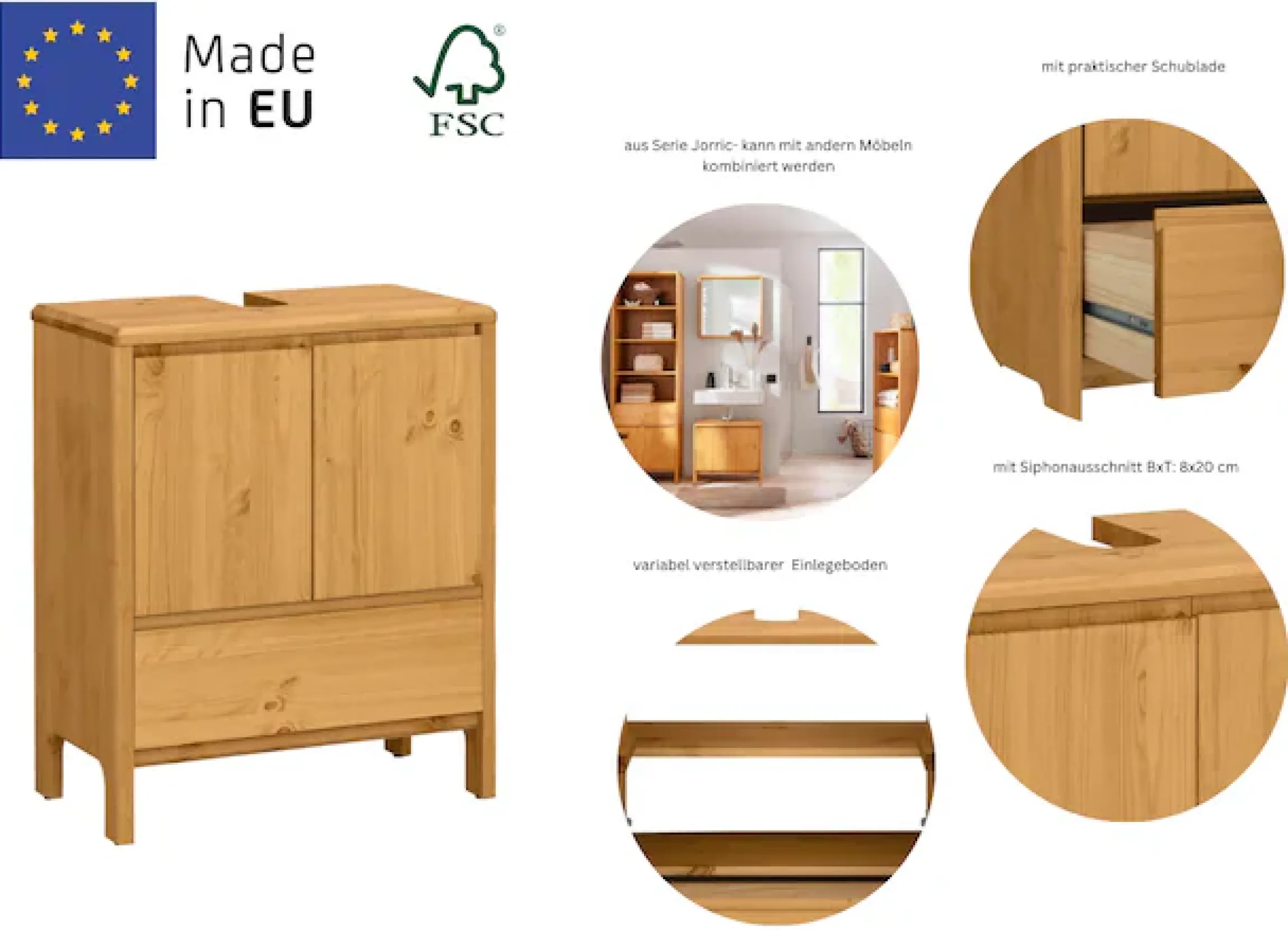 OTTO products Waschbeckenunterschrank »Jorrick« Breite 60 cm, Kiefer mit Bio Öl/Wachs behandelt, Siphonausschnitt