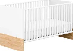 PAIDI Babybett »YOLANDA in Weiß mit Eiche-Dekor, umbaubares Kinderbett« inkl. Lattenrost, Gitterbett höhenverstellbar, entnehmbare Sprossen