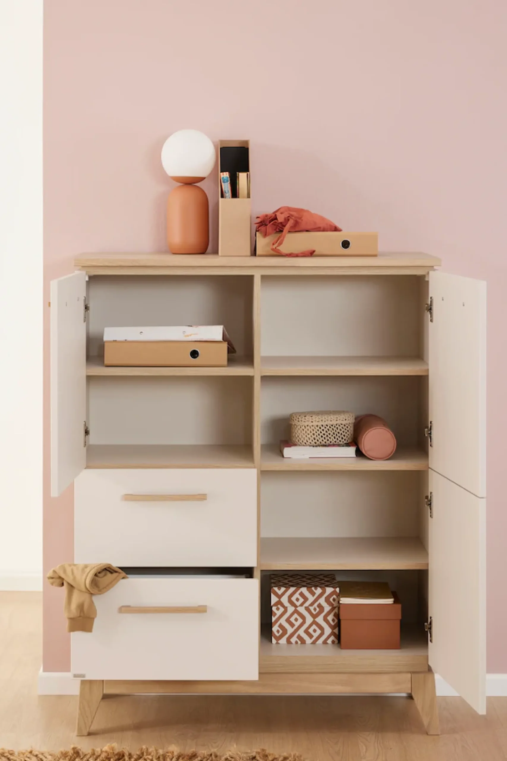 PAIDI Highboard »STIENE in Beige oder Grau, 2 Schubladen und 2 Türen mit Soft-Close« B/H/T ca. 95/123/40cm,stabiles Regal mit Massivholz, Standregal, geprüfte Qualität