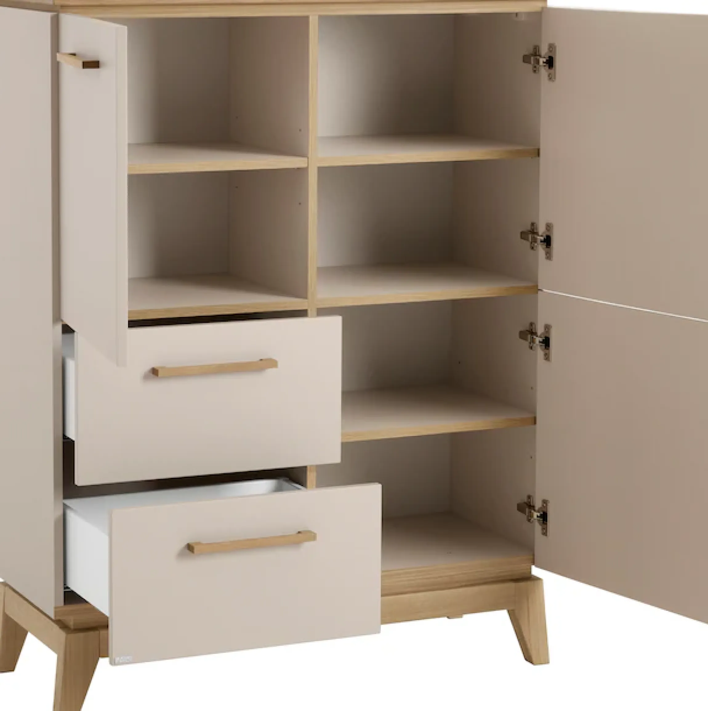 PAIDI Highboard »STIENE in Beige oder Grau, 2 Schubladen und 2 Türen mit Soft-Close« B/H/T ca. 95/123/40cm,stabiles Regal mit Massivholz, Standregal, geprüfte Qualität