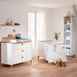 PAIDI Kinderbett »LOTTE & FYNN Steiff by PAIDI, Weiß mit Eiche Massivholz« inkl. Lattenrost, umbaubares Gitterbett, 4-fach höhenverstellbar
