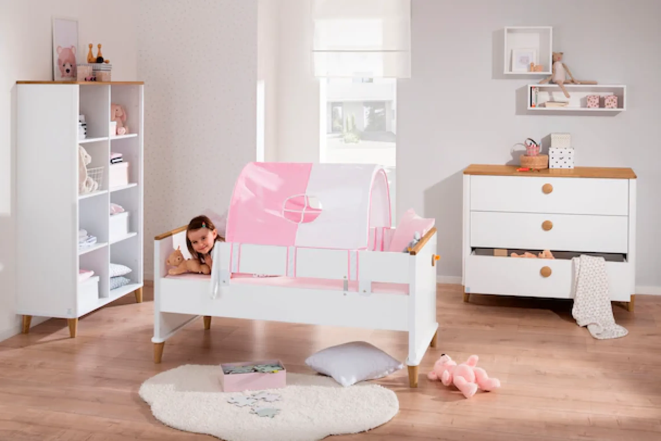 PAIDI Kinderregal »LOTTE & FYNN Steiff by PAIDI, 8 offene Fächer, 96cm Breite« Lotte & Fynn,Highboard, Weiß mit Eiche Massivholz, stabiles und langlebiges Regal