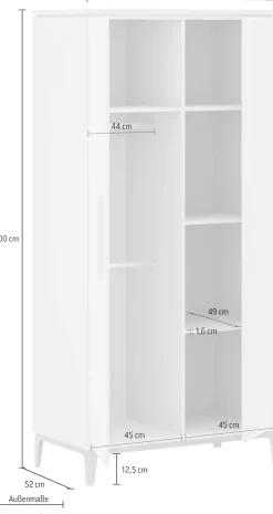PAIDI Kleiderschrank »CUTIE LEA in Weiß, verschiedene Größen, Türen mit Soft-Close-Funktion« B/H/T ca. 95-131/200/52cm, mit 2 oder 3 Türen, Off-White,stabiler Drehtürenschrank aus Holz, mit Kleiderstangen & Einlegeböden