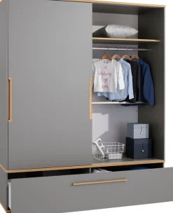 PAIDI Schiebetürenschrank »STIENE in Beige oder Grau, 2 Türen und 1 Schublade mit Soft-Close« B/H/T ca. 164/200/62cm,mit Kleiderstangen+Einlegeböden, Kleiderschrank mit Massivholzgriffen