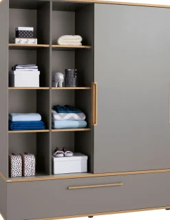 PAIDI Schiebetürenschrank »STIENE in Beige oder Grau, 2 Türen und 1 Schublade mit Soft-Close« B/H/T ca. 164/200/62cm,mit Kleiderstangen+Einlegeböden, Kleiderschrank mit Massivholzgriffen