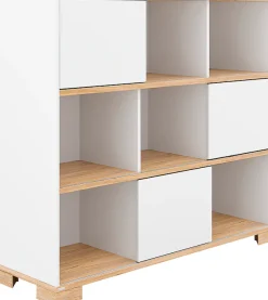 PAIDI Standregal »YOLANDA in Weiß mit Eiche-Dekor, 9 Fächer mit 3 Schiebetüren« 127 cm Breite, langlebiges Regal aus Holz, Soft-Close