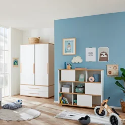 PAIDI Standregal »YOLANDA in Weiß mit Eiche-Dekor, 9 Fächer mit 3 Schiebetüren« 127 cm Breite, langlebiges Regal aus Holz, Soft-Close