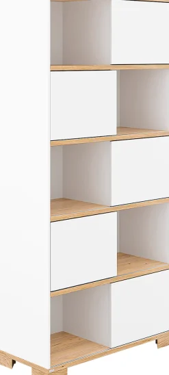 PAIDI Standregal »YOLANDA in Weiß mit Eiche-Dekor, 10 Fächer mit 5 Schiebetüren« 86 cm Breite, langlebiges Regal aus Holz, Soft-Close