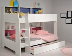 Parisot Etagenbett »Tam Tam, Stockbett, farbig hinterlegte Regale, mit Bettkasten« viel Stauraum, toll für kleine Räume, TOPSELLER!