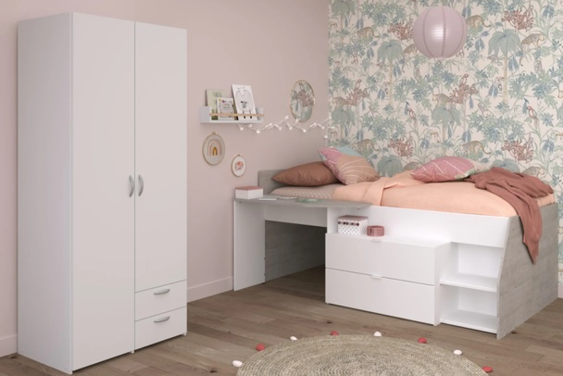 Parisot Jugendzimmer-Set »Parisot Milky 14« Bestehend aus halbhohem Hochbett und 2-trg. Kleiderschrank, 2 Stk. tlg.