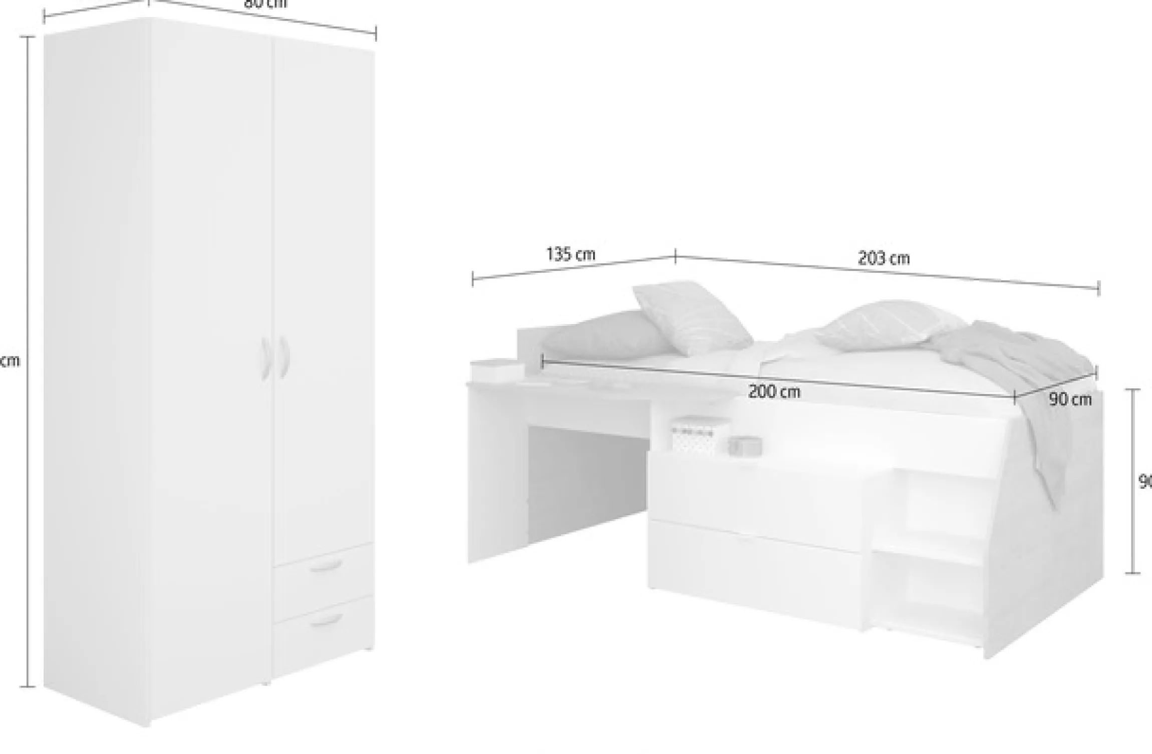 Parisot Jugendzimmer-Set »Parisot Milky 14« Bestehend aus halbhohem Hochbett und 2-trg. Kleiderschrank, 2 Stk. tlg.