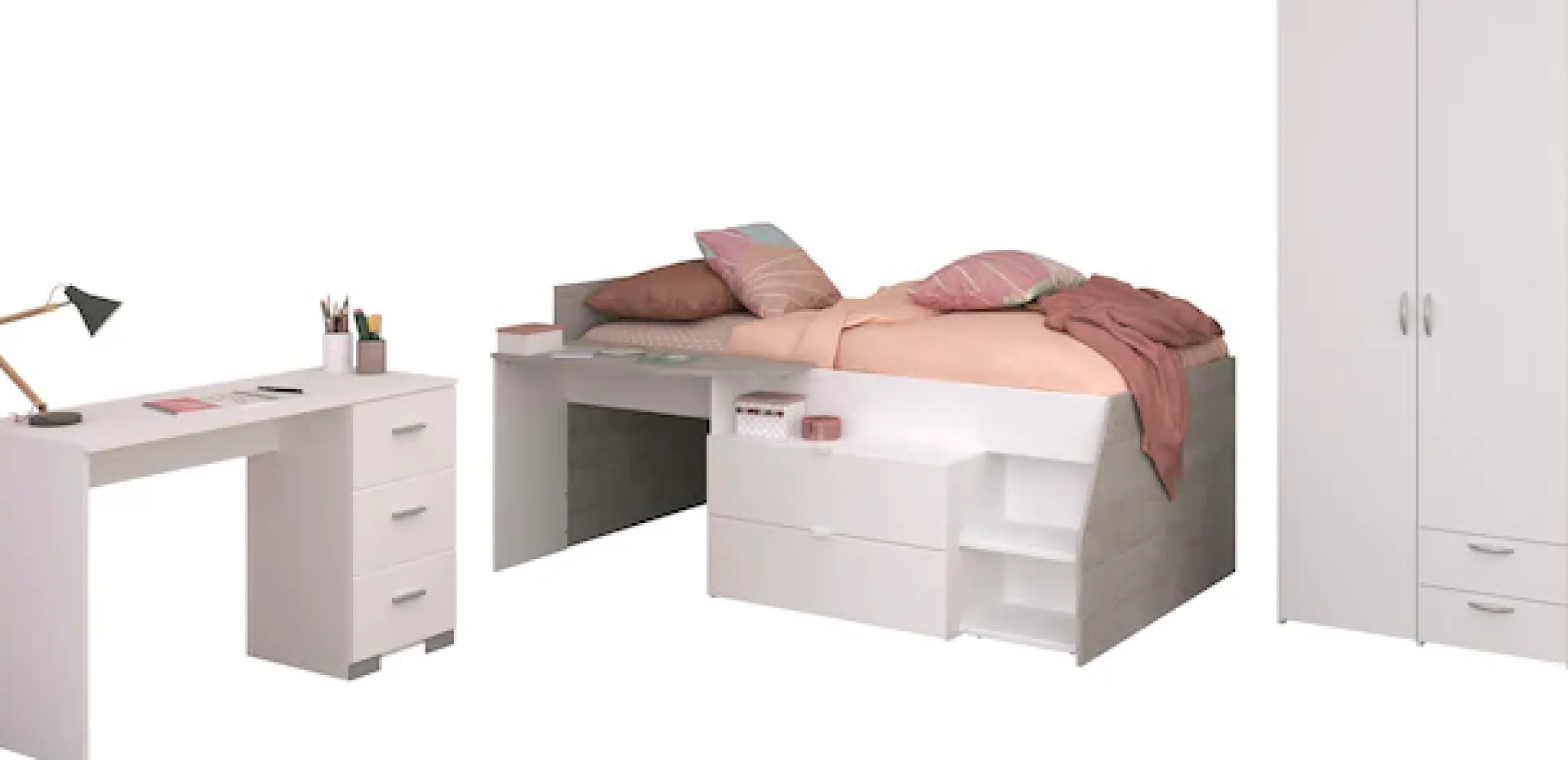 Parisot Jugendzimmer-Set »Parisot Milky 13« 3 Stk. tlg. viel Stauraum, halbhohes Hochbett