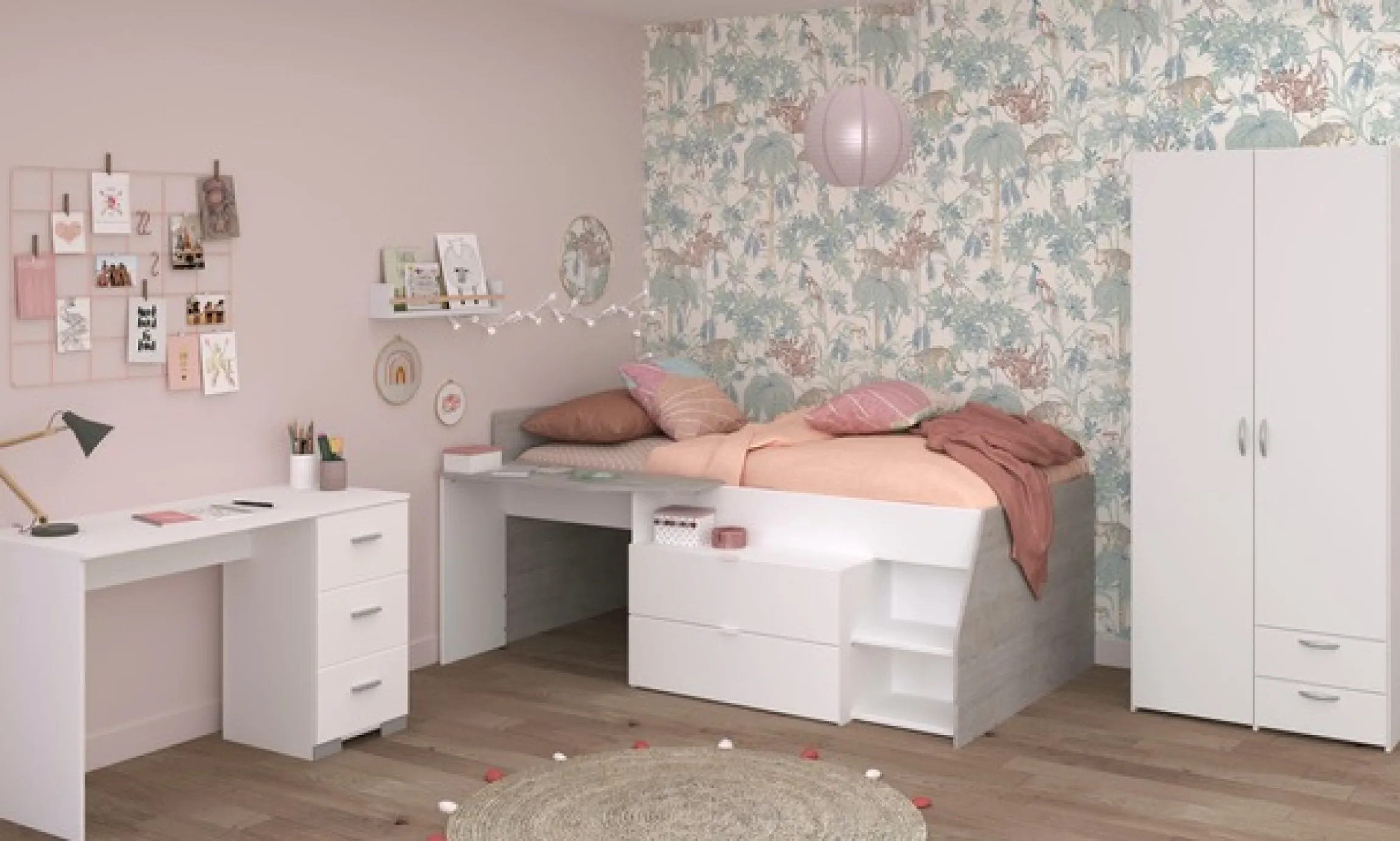 Parisot Jugendzimmer-Set »Parisot Milky 13« 3 Stk. tlg. viel Stauraum, halbhohes Hochbett