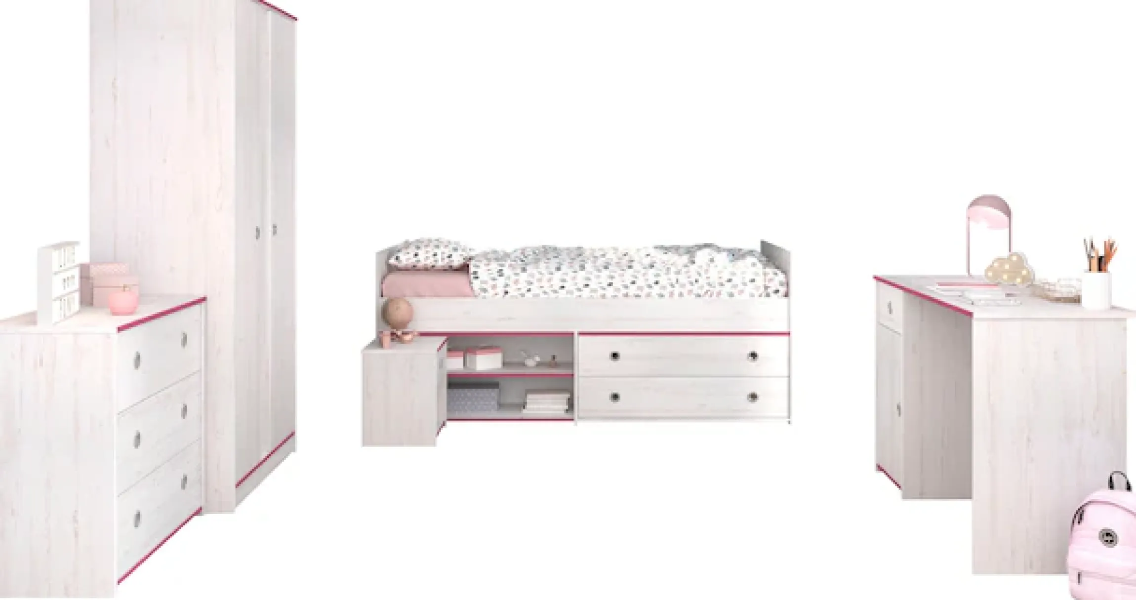 Parisot Jugendzimmer-Set »Smoozy« Set, Stauraumbett, Nachttisch, Kleiderschrank, Schreibtisch und Kommode, 5 Stk. tlg.