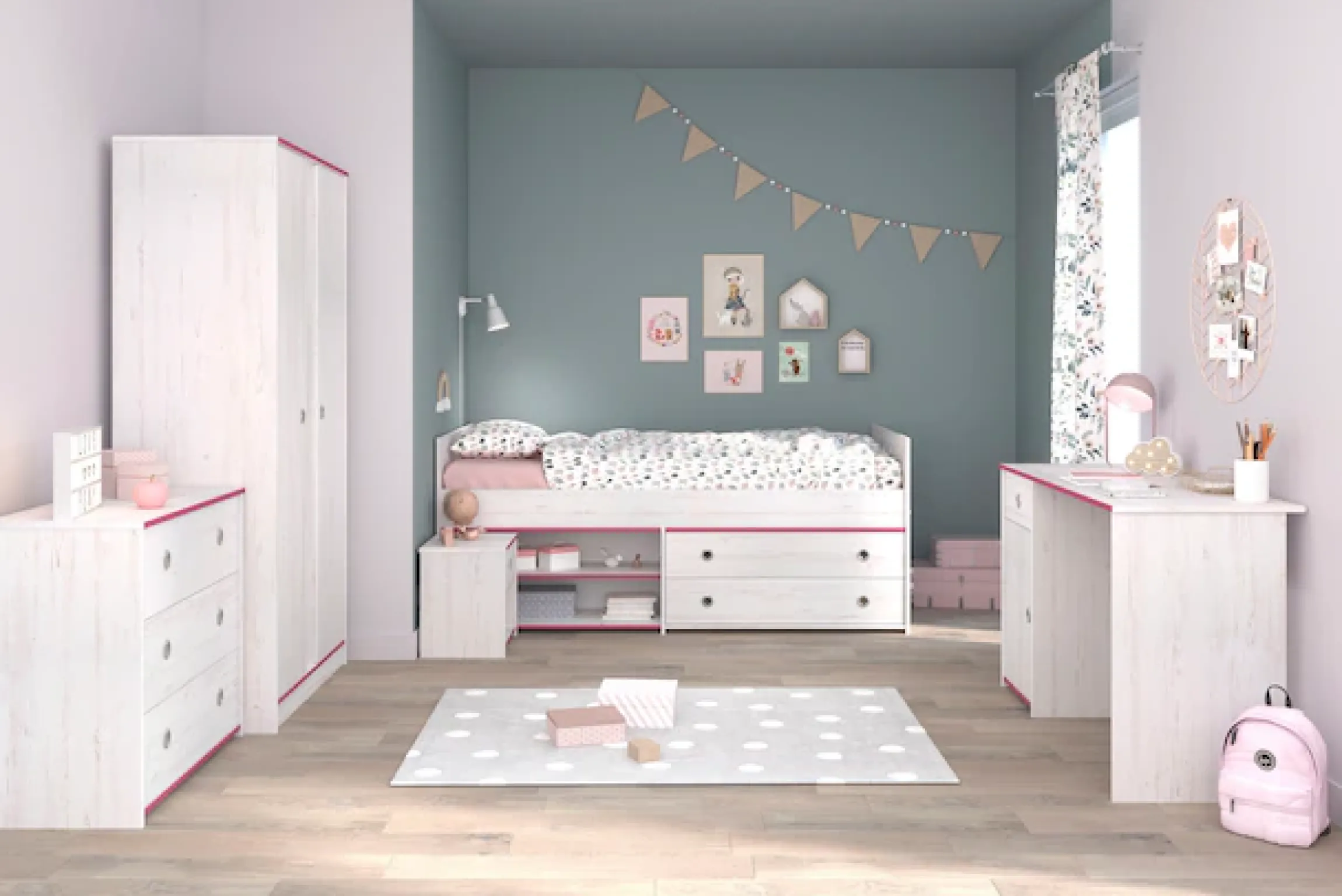 Parisot Jugendzimmer-Set »Smoozy« Set, Stauraumbett, Nachttisch, Kleiderschrank, Schreibtisch und Kommode, 5 Stk. tlg.