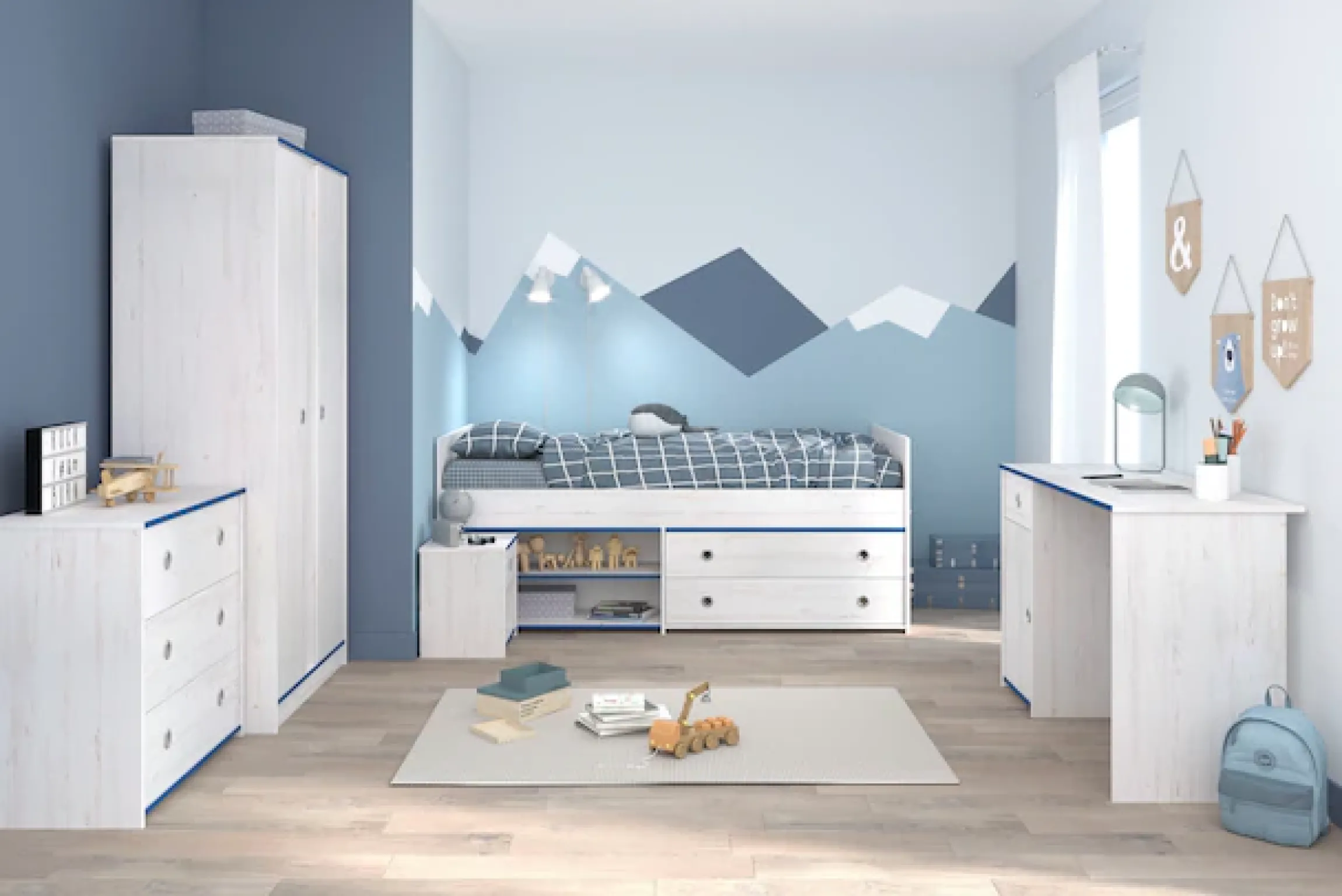 Parisot Jugendzimmer-Set »Smoozy« Set, Stauraumbett, Nachttisch, Kleiderschrank, Schreibtisch und Kommode, 5 Stk. tlg.