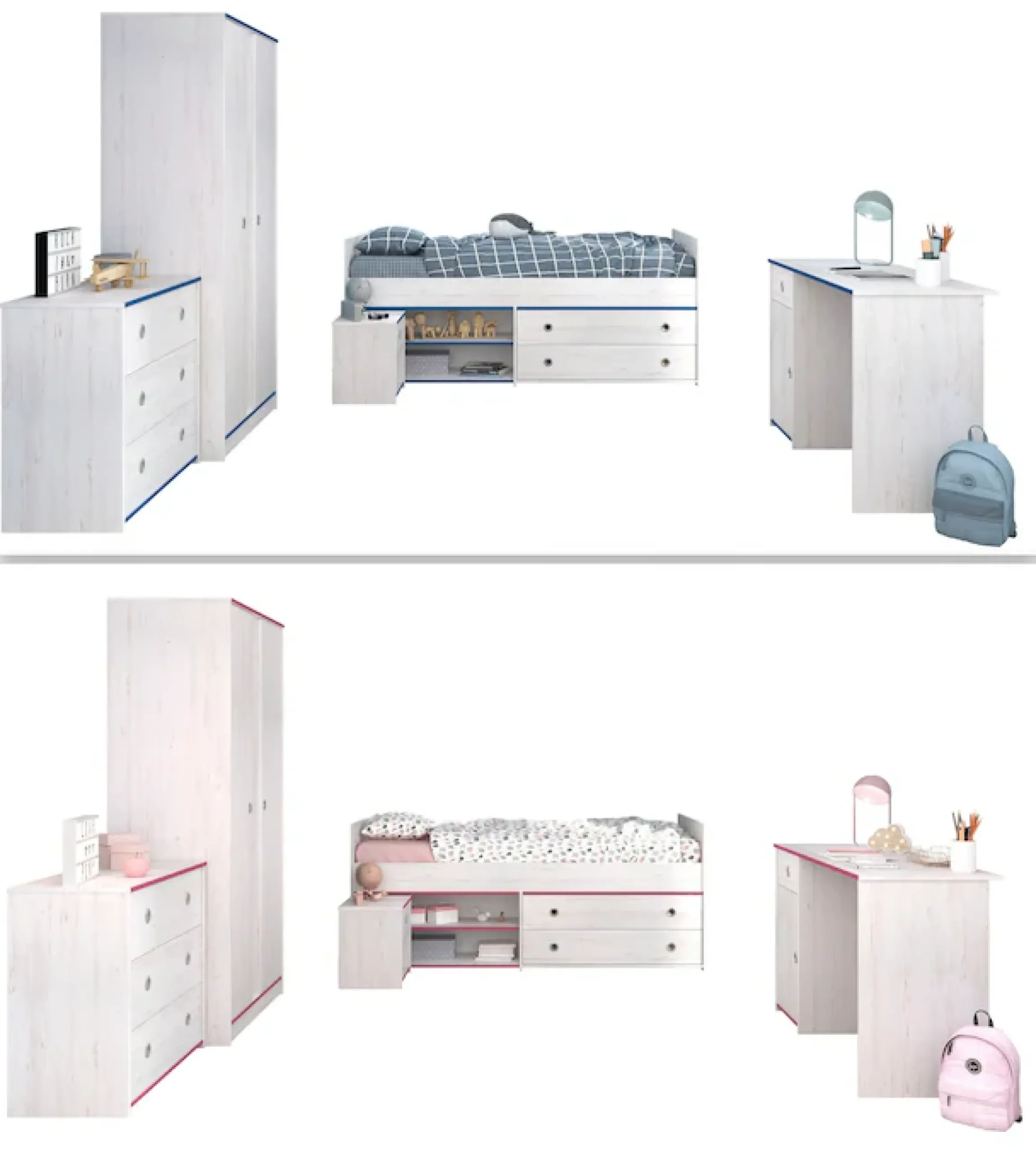 Parisot Jugendzimmer-Set »Smoozy« Set, Stauraumbett, Nachttisch, Kleiderschrank, Schreibtisch und Kommode, 5 Stk. tlg.