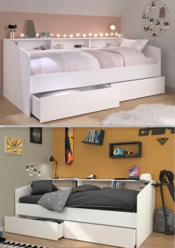 Parisot Stauraumbett »Sleep, Daybed, Kinderbett, Rückwand der Regale drehbar (farbig + weiß)« inklusive, Regale, Schubkästen, viel Stauraum, TOPSELLLER!