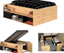 Parisot Stauraumbett »Travel, maximaler Stauraum, wie ein begehbarer Kleiderschrank« Ablageflächen, hydraulischer Bettkasten mit Regalen, Schublade, Tür