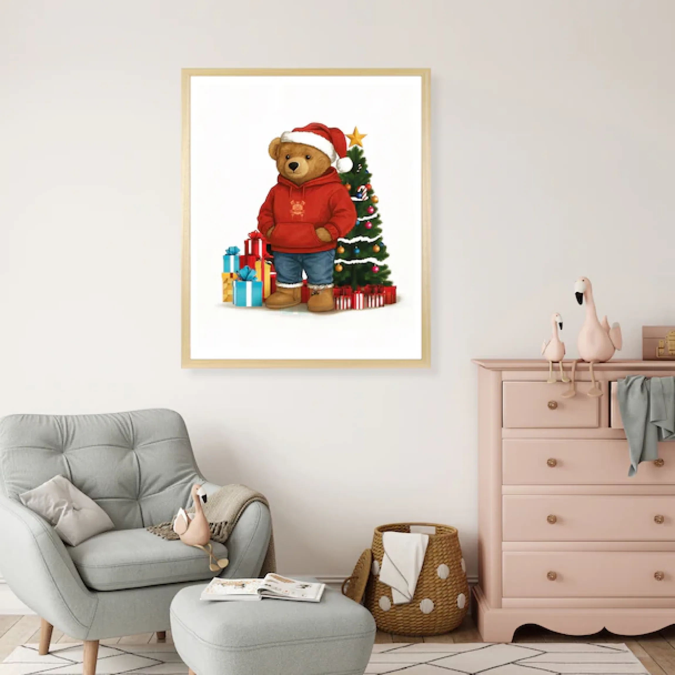 queence Bild mit Rahmen »Teddy Bär mit Weihnachtsmütze vor Tannenbaum« Bär | Bären | Fashion | Figuren | Mode | Modebilder HD Premium Poster-Druck inkl. Echtholzrahmen in beige
