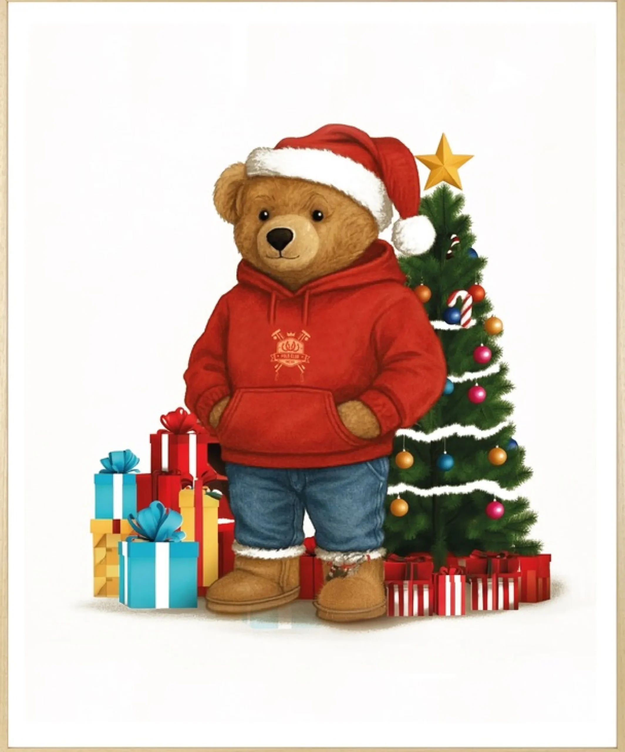 queence Bild mit Rahmen »Teddy Bär mit Weihnachtsmütze vor Tannenbaum« Bär | Bären | Fashion | Figuren | Mode | Modebilder HD Premium Poster-Druck inkl. Echtholzrahmen in beige