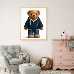 queence Bild mit Rahmen »Teddy Bär mit Jeans und Hoody« Bär | Bären | Fashion | Figuren | Mode | Modebilder HD Premium Poster-Druck inkl. Echtholzrahmen in beige