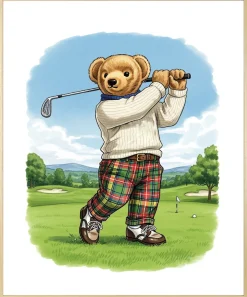 queence Bild mit Rahmen »Vintage Teddy Bär in Golf Club« Bär | Bären | Fashion | Figuren | Mode | Modebilder HD Premium Poster-Druck inkl. Echtholzrahmen in beige