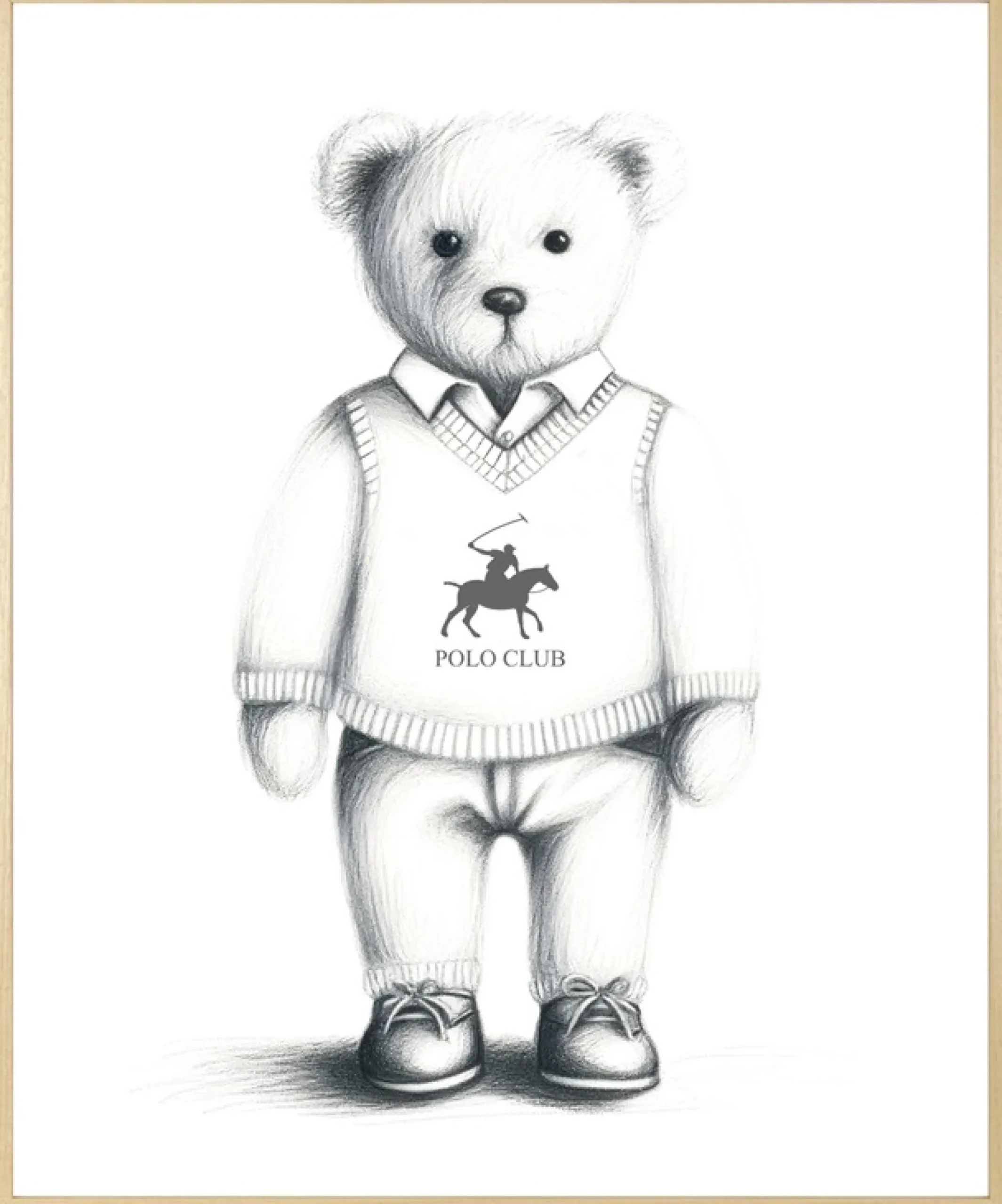 queence Bild mit Rahmen »Vintage Polo Teddy Bär in Pullunder« Bär | Bären | Fashion | Figuren | Mode | Modebilder HD Premium Poster-Druck inkl. Echtholzrahmen in beige