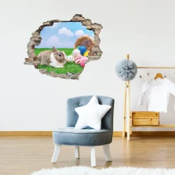 queence 3D-Wandtattoo »Hase mit bunten Ostereiern« Selbstklebender Wandsticker Ostern Wanddurchbruch 60x50cm