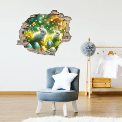 queence 3D-Wandtattoo »Illustrierte Osterhasen auf Wiese« Selbstklebender Wandsticker Ostern Wanddurchbruch 60x50cm