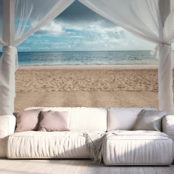 queence Fototapete »Pergola am Meer« Meer | Motiv | Strand | bedruckt | orientalisch | realistisch glatt Wandpaneele, selbstklebend, Tapete, Sticker, Wanddeko, XXL-Fotomotiv