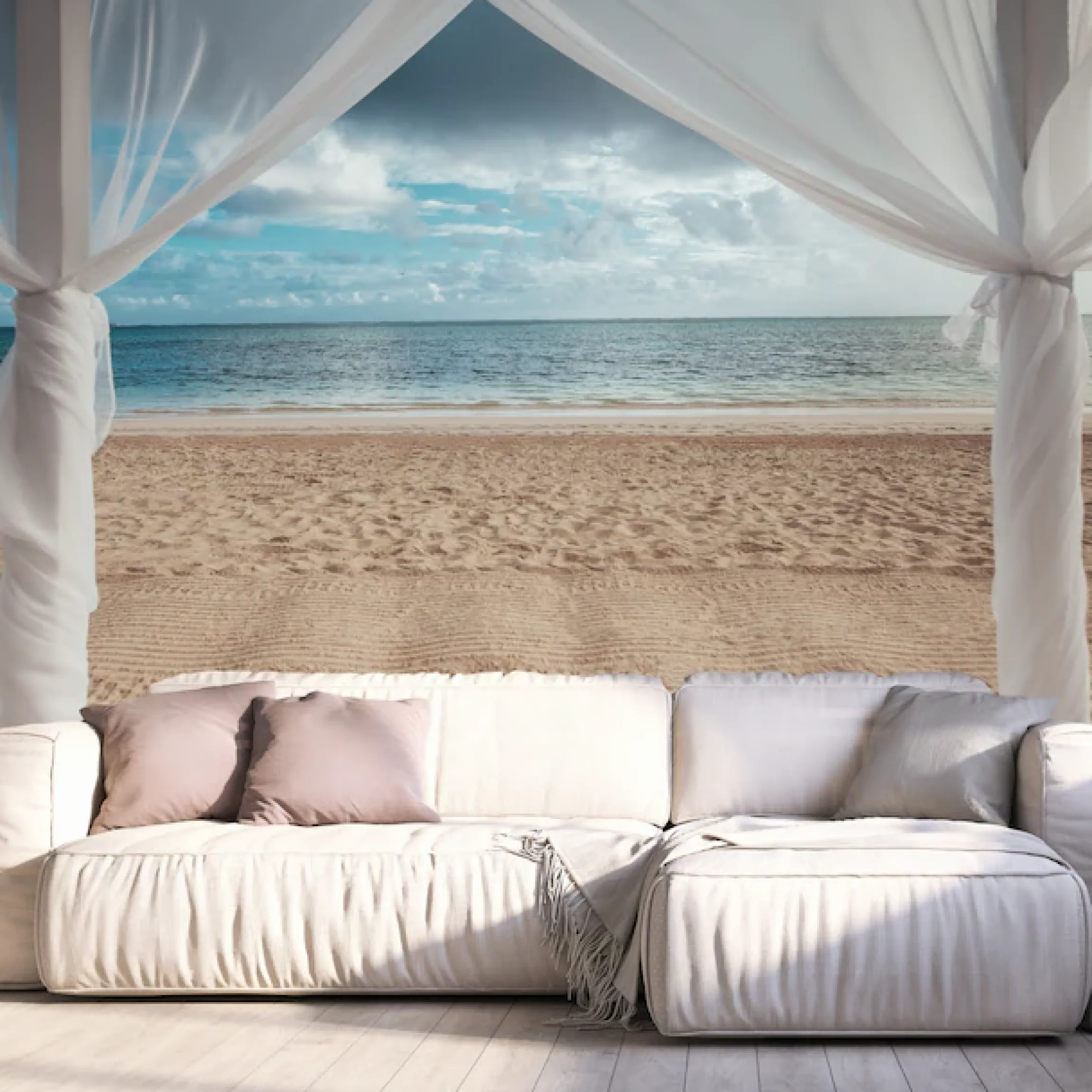 queence Fototapete »Pergola am Meer« Meer | Motiv | Strand | bedruckt | orientalisch | realistisch glatt Wandpaneele, selbstklebend, Tapete, Sticker, Wanddeko, XXL-Fotomotiv