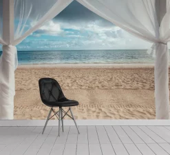 queence Fototapete »Pergola am Meer« Meer | Motiv | Strand | bedruckt | orientalisch | realistisch glatt Wandpaneele, selbstklebend, Tapete, Sticker, Wanddeko, XXL-Fotomotiv