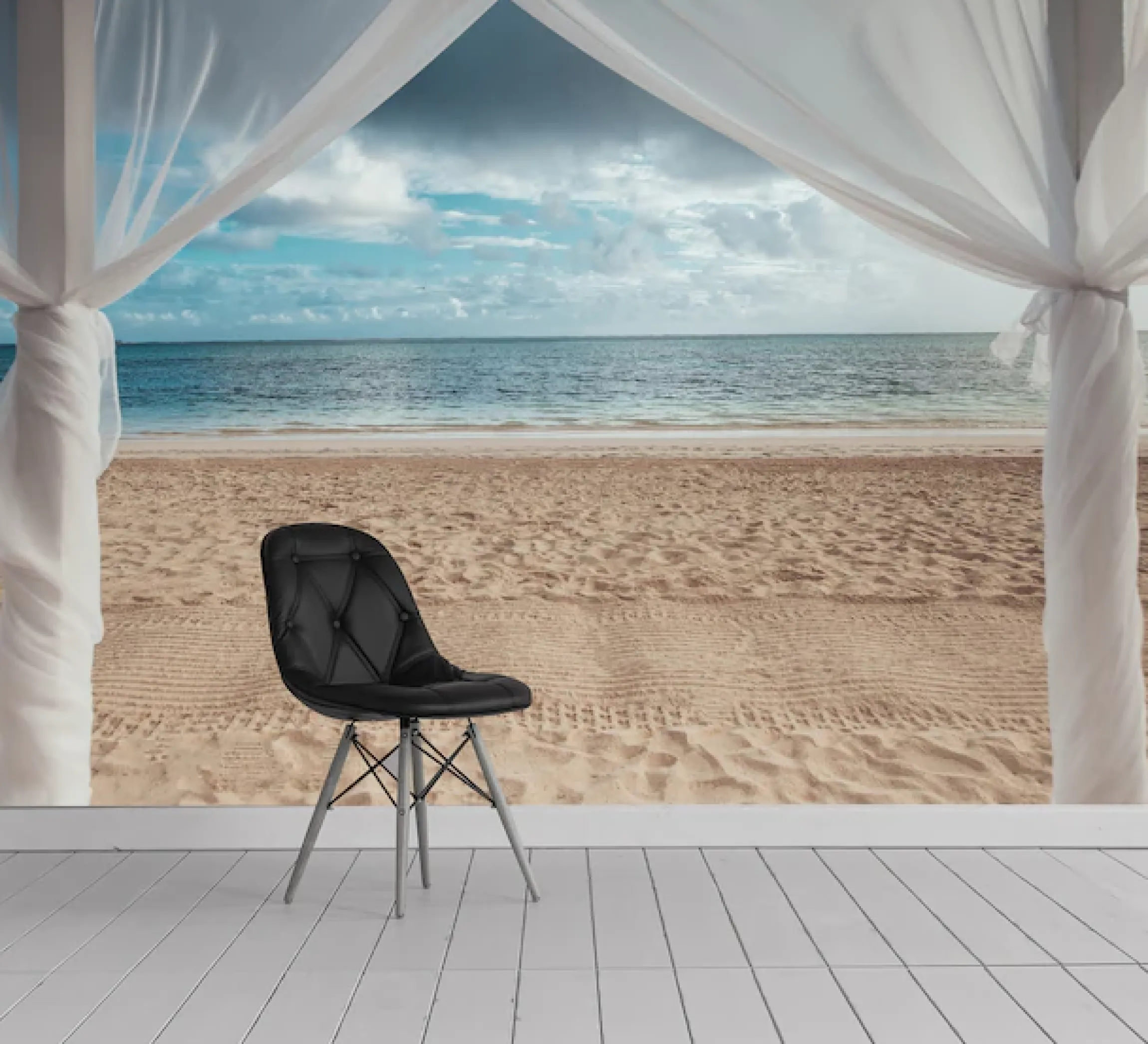 queence Fototapete »Pergola am Meer« Meer | Motiv | Strand | bedruckt | orientalisch | realistisch glatt Wandpaneele, selbstklebend, Tapete, Sticker, Wanddeko, XXL-Fotomotiv