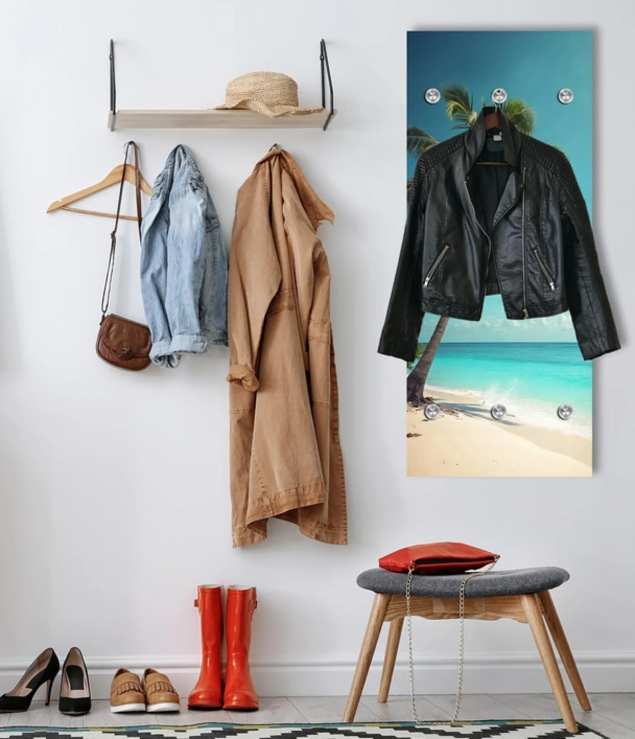 queence Garderobenpaneel »Wandgarderobemit Motiv Foto Palme am Meer inkl. Edelstahlhaken« 1 Stk. tlg. HD Premium Druck auf Acrylglas