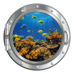 queence Wandsticker »3D Bullauge Illusion Unterwasserwelt Korallen 40x40 cm« Selbstklebender Wanddurchbruch Unterwasser