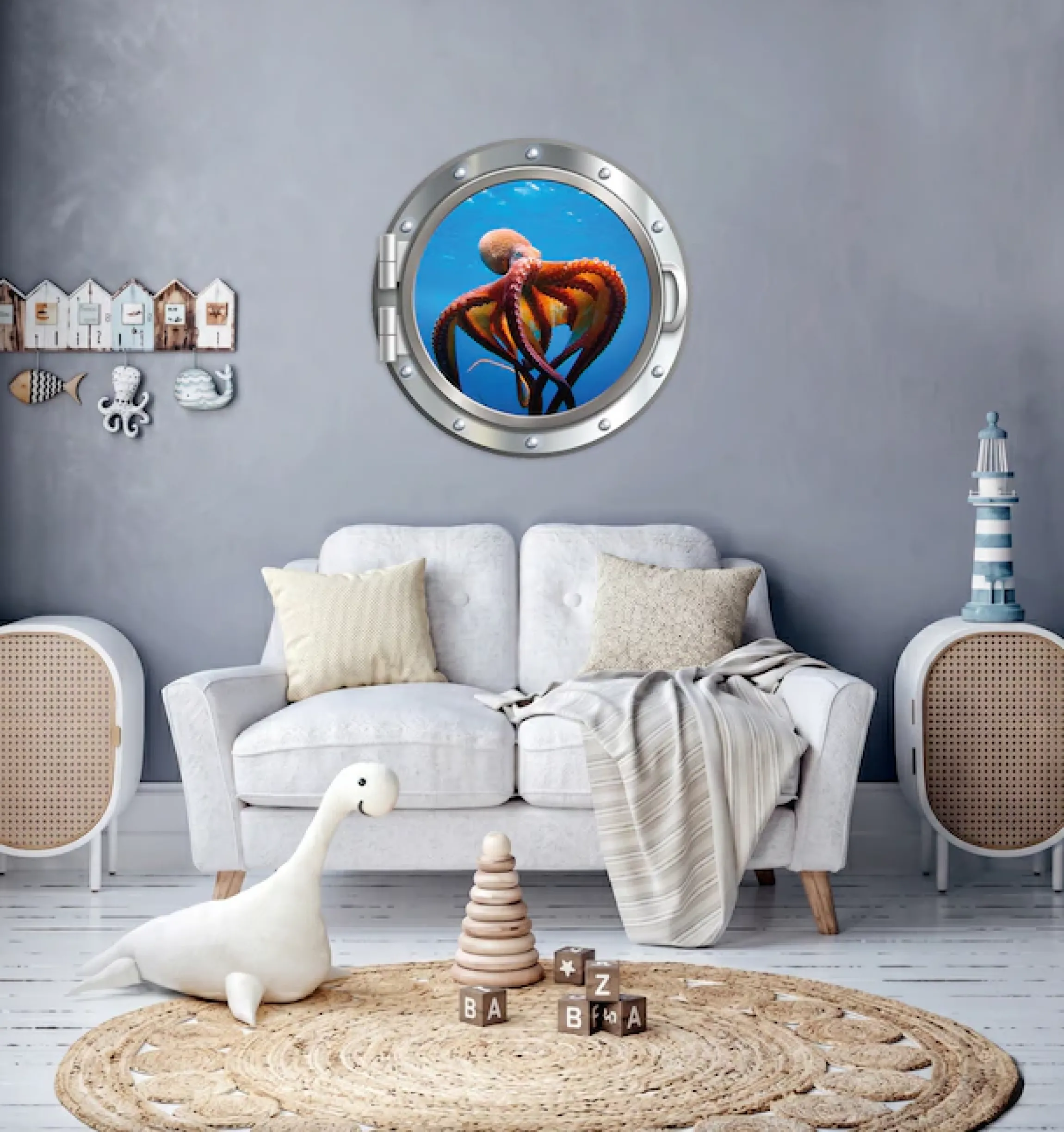 queence Wandsticker »3D Bullauge Illusion Tintenfisch Korallen 40x40 cm« Selbstklebender Wanddurchbruch Unterwasser