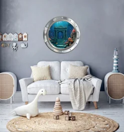 queence Wandsticker »3D Bullauge Illusion Unterwasserwelt Torbogen 40x40 cm« Selbstklebender Wanddurchbruch Unterwasser