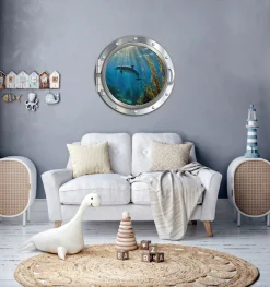 queence Wandsticker »3D Bullauge Illusion Unterwasserwelt Delfine 40x40 cm« Selbstklebender Wanddurchbruch Unterwasser