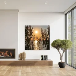 queence XXL-Wandbild »Akustikbild Seelandschaft Gräser« Bilder vom Sonnenuntergang & -aufgang | Gräser | Natur | Romantisch | See | Seebilder | Seelandschaft 1 Stk. tlg. Einfache Akustiklösung ohne Baumaßnahme, Schalldämmung, Paneele
