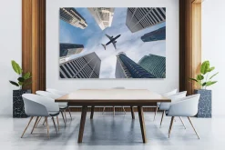 queence XXL-Wandbild »Akustikbild Flugzeug Wolkenkratzer« Architektonische Elemente | Flugzeuge | Frankfurt am Main | Gebäude | Himmel | Himmelsbilder 1 Stk. tlg. Einfache Akustiklösung ohne Baumaßnahme, Schalldämmung, Paneele